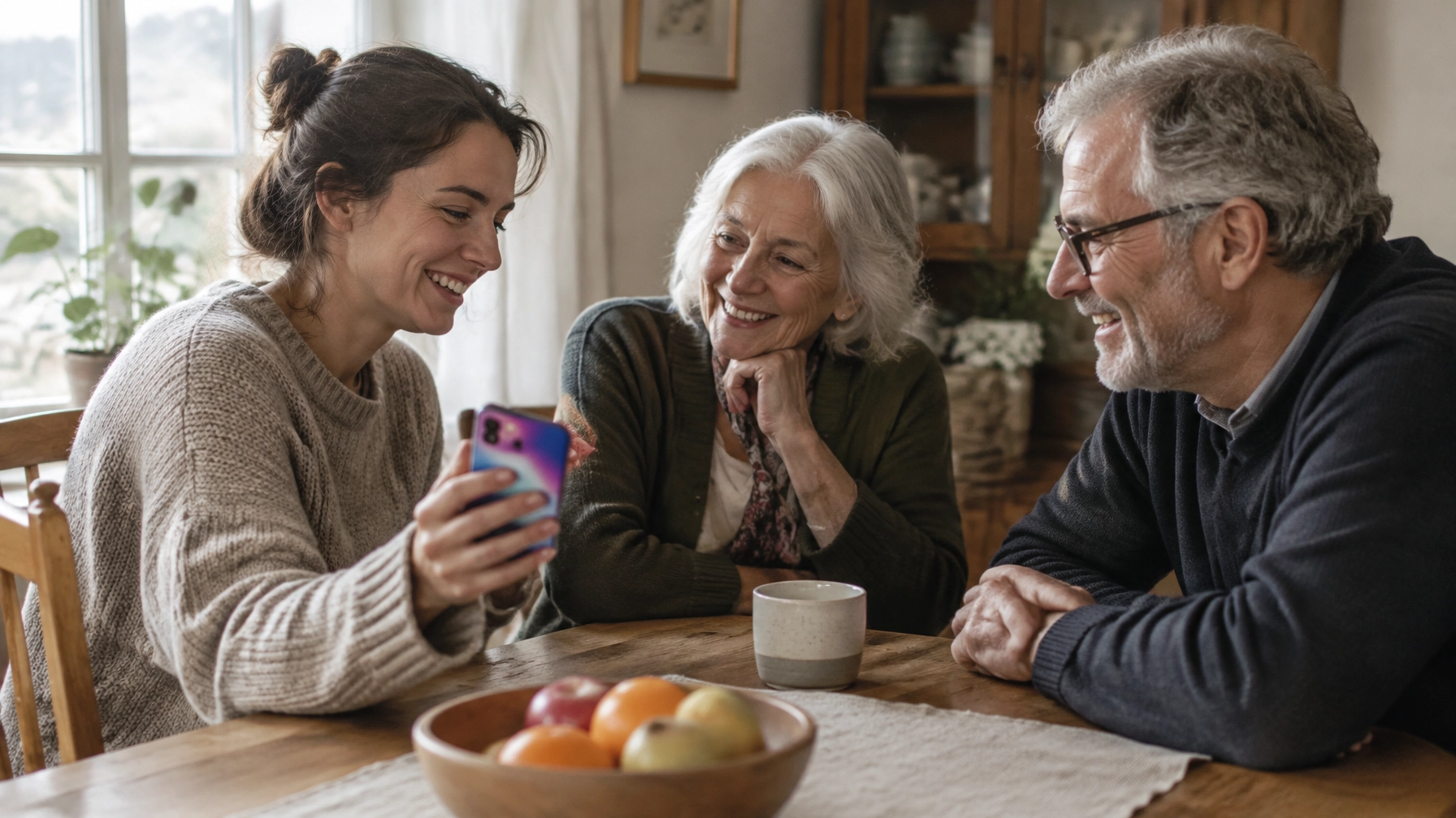 Three people sitting together at a kitchen table in warm daylight.