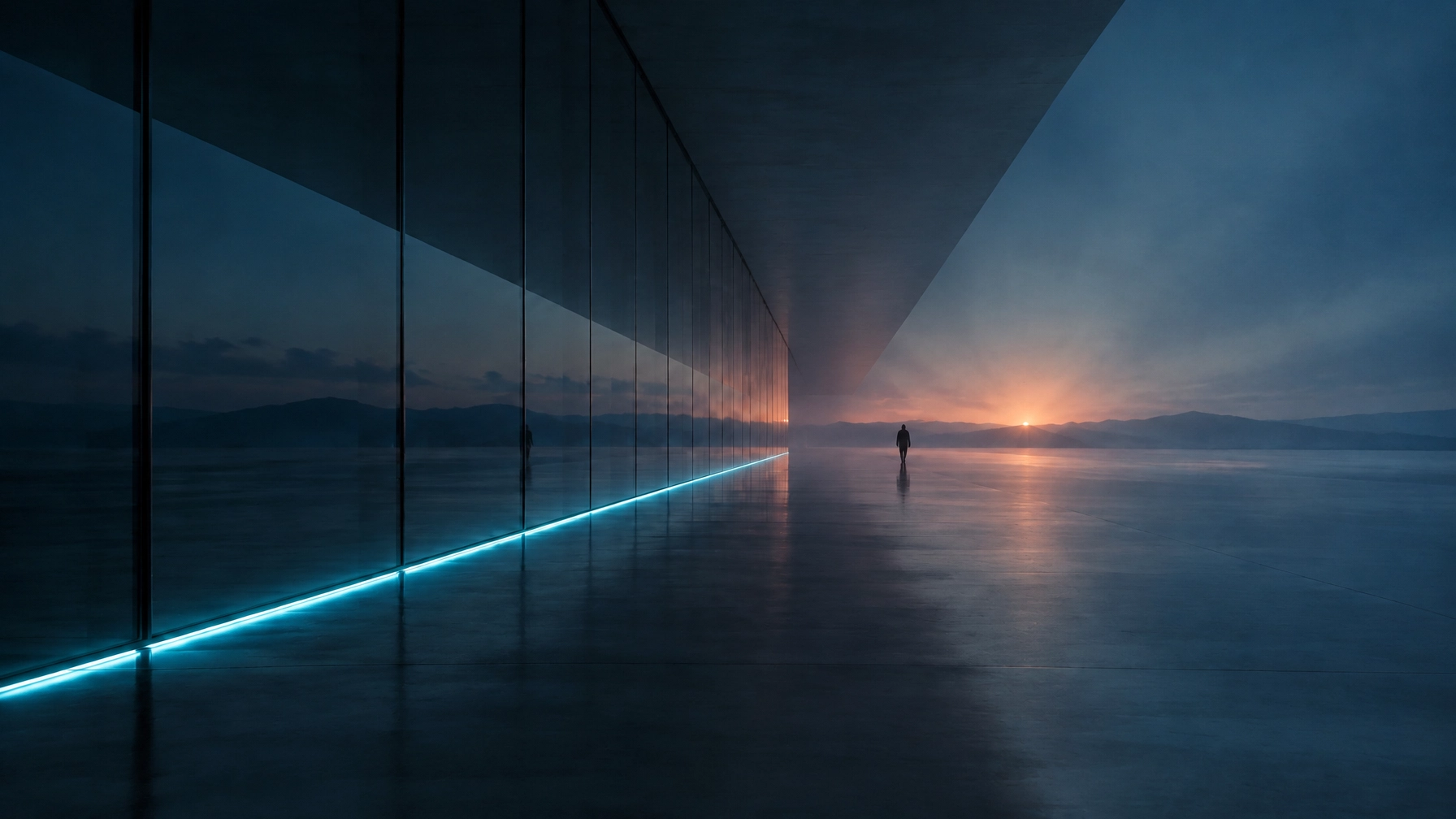 A long glass facade at dusk, a thin line of cyan light running along the floor toward a warm horizon, with a lone distant figure at the water's edge.